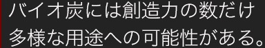 バイオ炭には創造力の数だけ多様な用途への可能性がある。